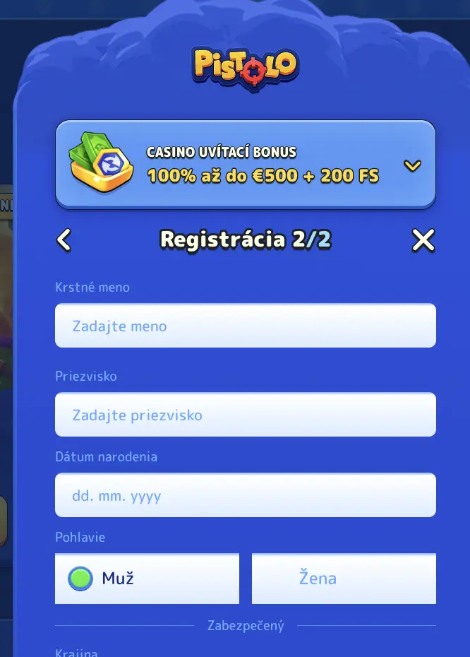 Pistolo Casino – Dokončite registráciu a získajte 100 % bonus do 500 € a 200 voľných zatočení Druhý krok registrácie v Pistolo Casino – zadanie mena, priezviska, dátumu narodenia a pohlavia s uvítacím bonusom 100 % do 500 € + 200 FS
